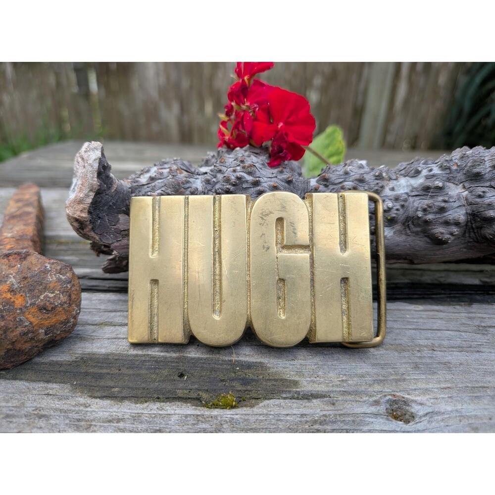 70s "HUGH" Brass Belt Buckle By Baron Buckles